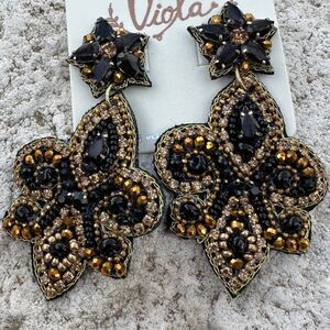 Fleur De Lis Earrings Black and Gold Rhinestones Seed Beads New Orleans Saints